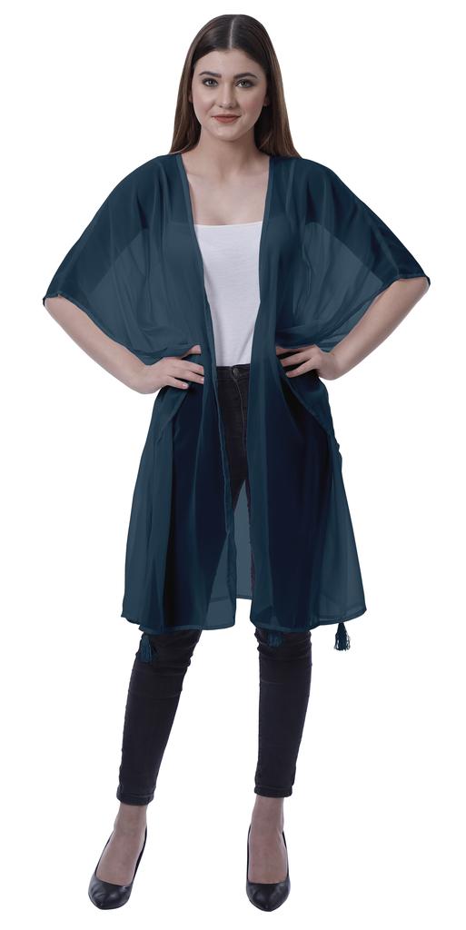Moomaya Womens Georgette Shrug Open Front Long Sheer Coverup w  Tassels