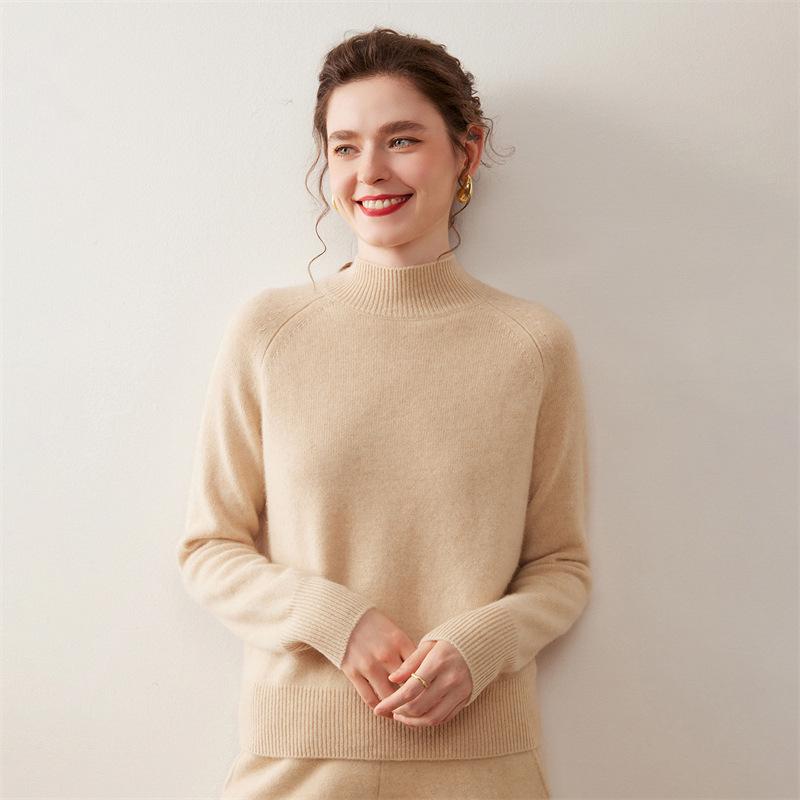 Women's Korean Style Cashmere Sweater: Half-High Collar, Solid Color, Short Raglan Sleeve, Perfect for Autumn and Winter