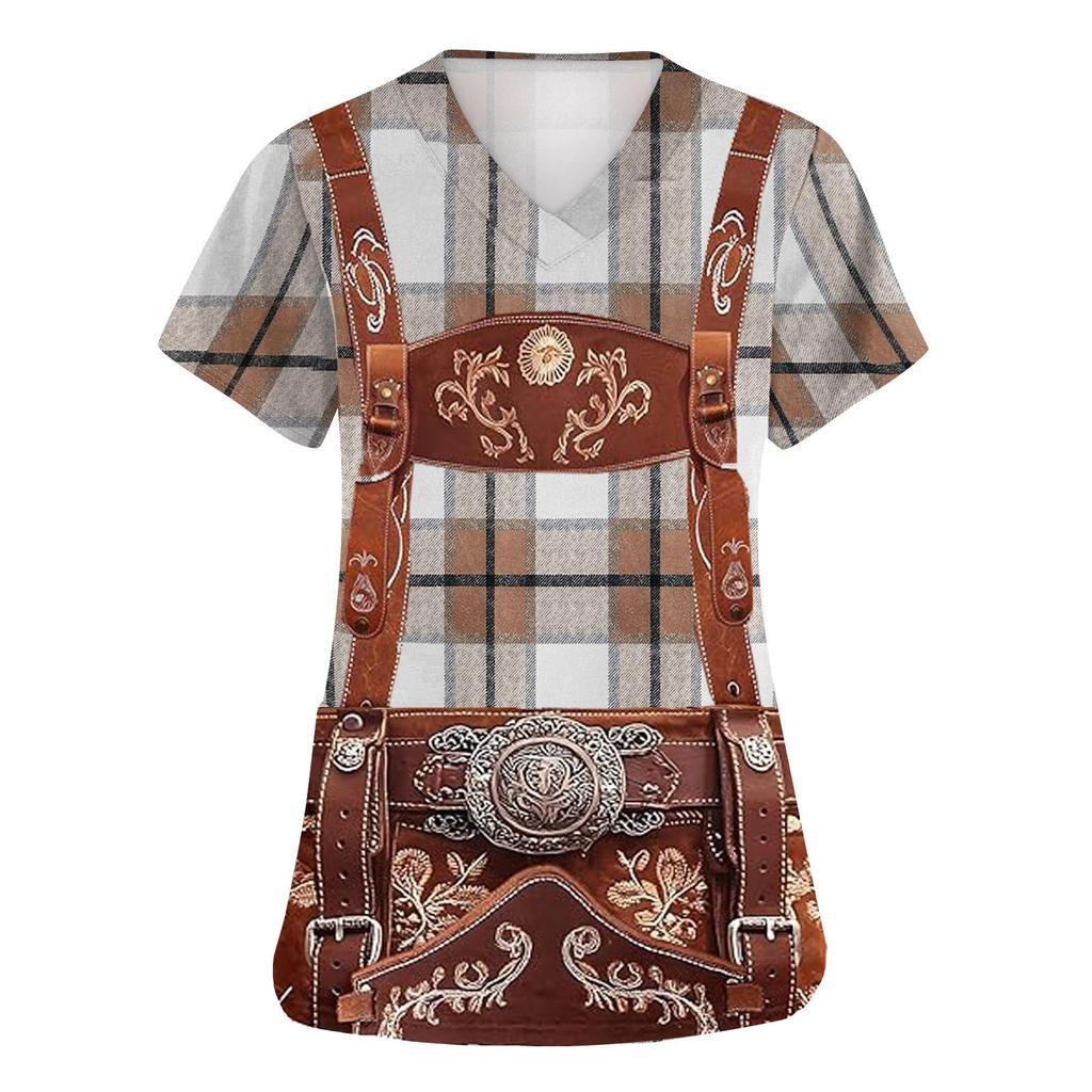 Women's V Neck Short Sleeve Work Shirt with Pockets Oktoberfest Print Top for Caregivers and Service Staff Comfortable Fit