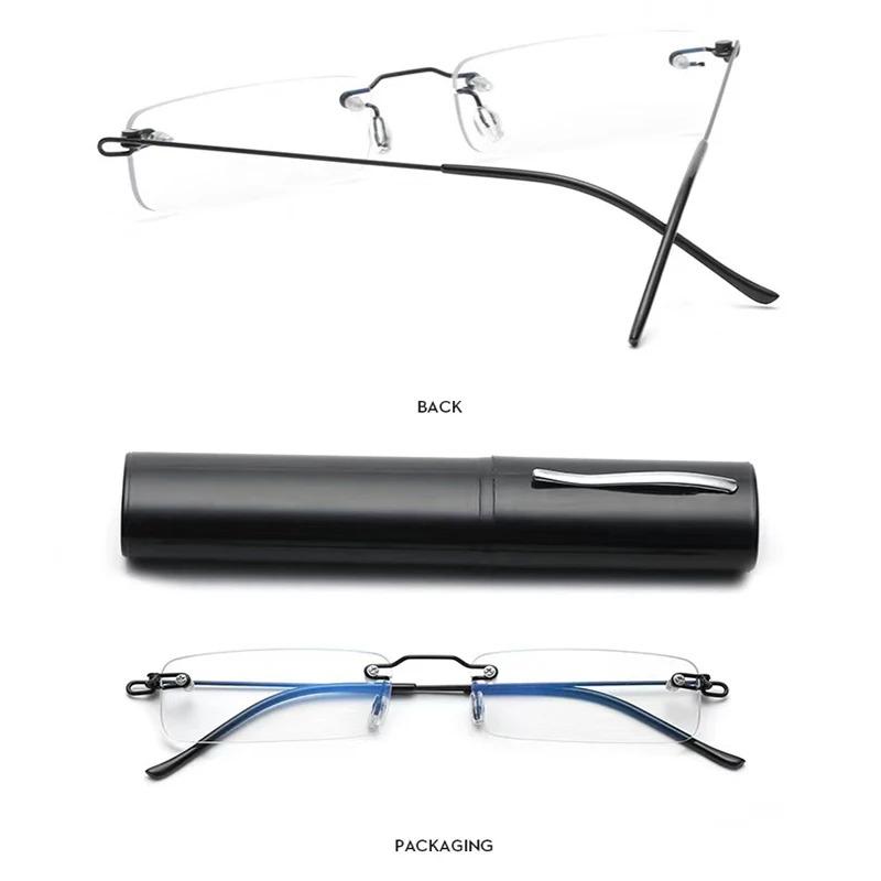 Anti-Blue Rimless Reading Glasses Square Metal Presbyopic Eyewear With Case Eyeglasses Men‘s Glasses For Sight Plus+4