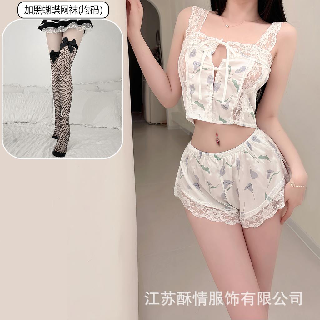 Crispy Sexy Sweet and Spicy Women's Summer Ice Silk Thin Pure Desire Suspender Shorts Two-piece Set Lace Temptation Set