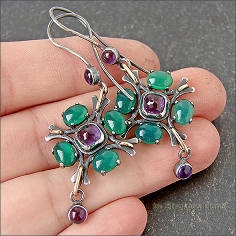 Vintage Kwiatowe Geometryczne Kolczyki z Zielonym Fioletowym Kamieniem Złoty Srebrny Kolor Kolczyki dla Kobiet Biżuteria Ślubna Zaręczynowa