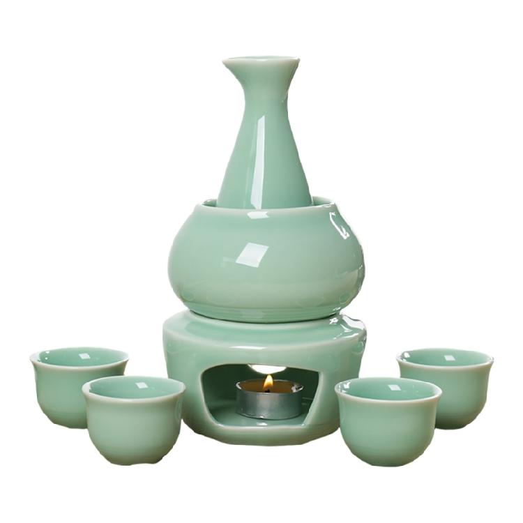 Japanese Drinking Set Contains Heat Resistant Sake Carafe Bottle 4 Cups Warmer Candle Stove Birthday Housewarmings Gift