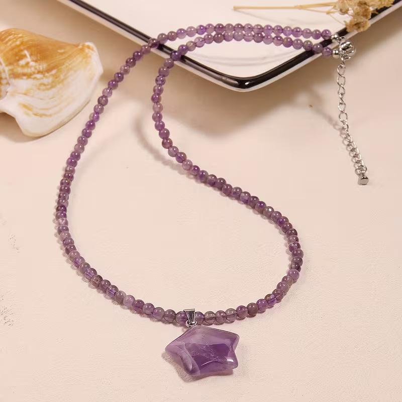 Fashion amethyst bead necklace, female niche, versatile, pentagram pendant, collarbone chain, high-end necklace