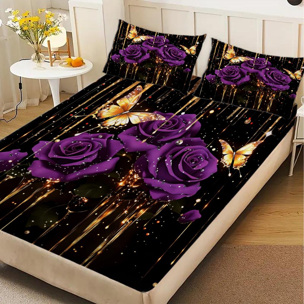 Purple Rose And Butterfly Print Fitted Sheet Set Black With Gold Accents Bedding Set With Pillowcases For Bedroom Decor