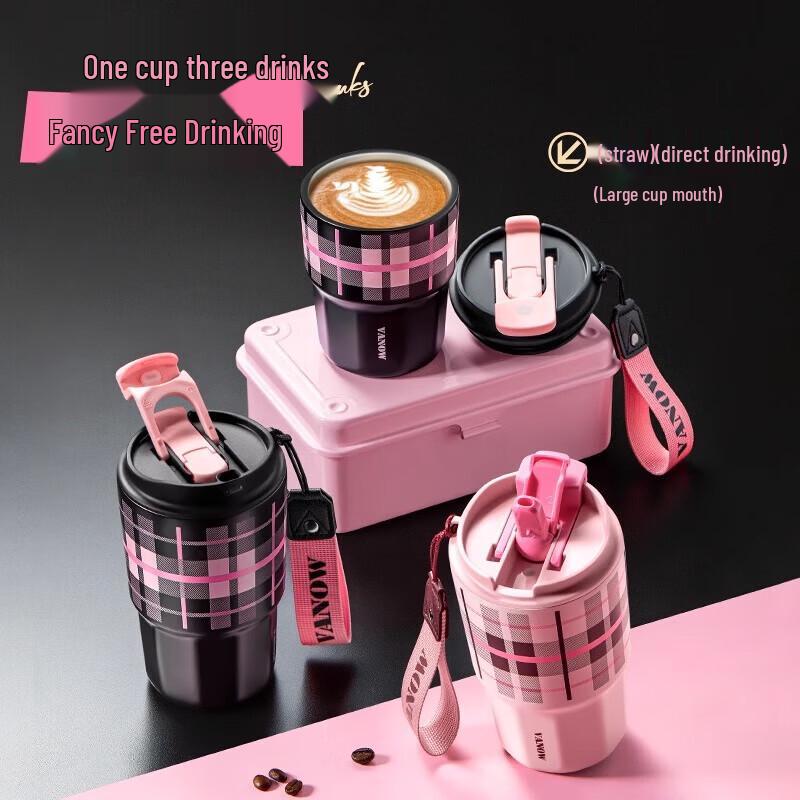 

Vanow Checkered Ceramic Lined Insulated Coffee Tumbler with Straw