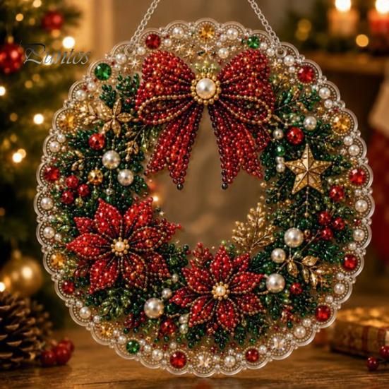 Handgemaakte Feestelijke Huisdecoratie Kerst Kunst met Nep Parels Hangend Ornament Kit, DIY 3D Kralen Sprankelende Acryl Edelsteen Kunst Ambacht, Bord voor Raam, Deur,
