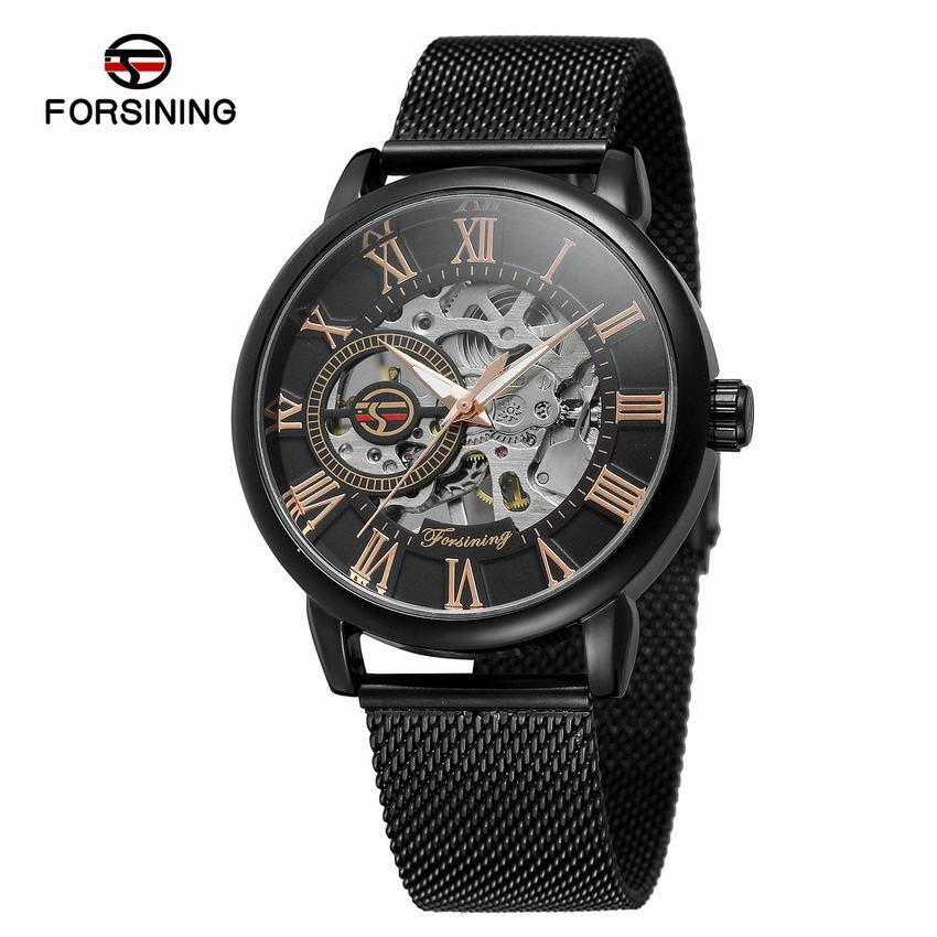 Forsining Watch Men's Fashion Leisure Roman Numerals Digital Mesh Belt Hollow Out Mechanical Watch
