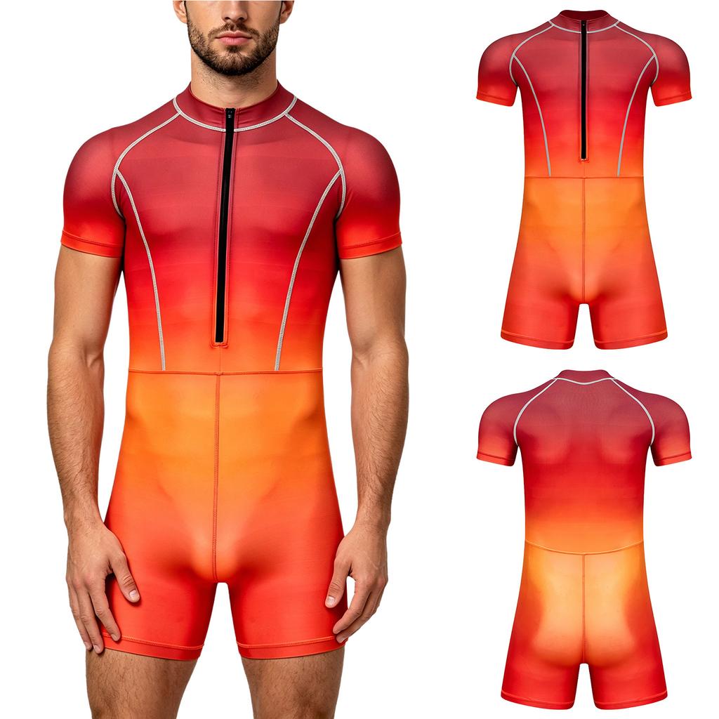 Costume da bagno intero da uomo a colori sfumati S-3XL Manica corta Zip frontale Pantaloncini a pantaloncino Tuta Rash Guard per Surf Nuoto Subacquea