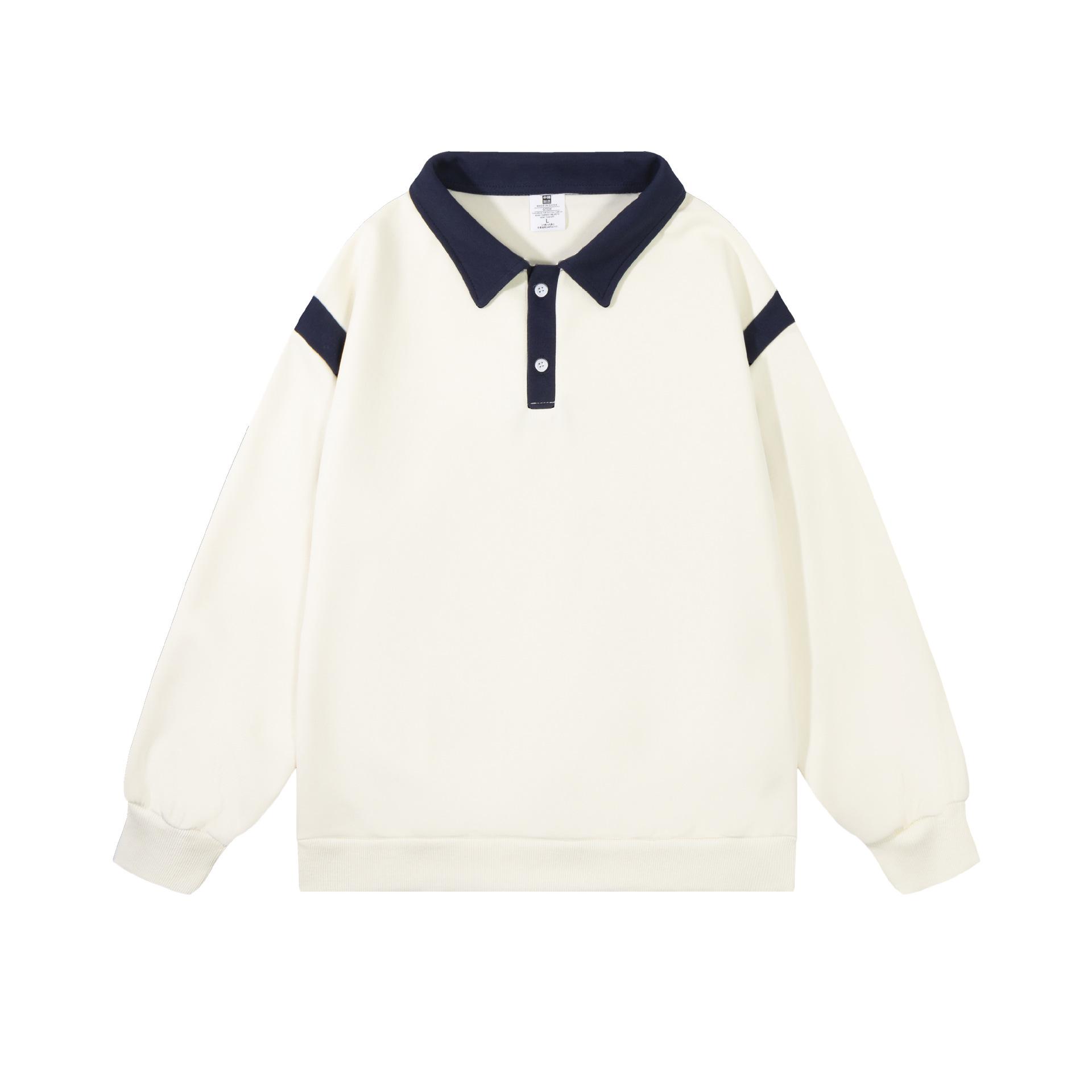 Unisex 320G Chinese Cotton Color Block Lapel Hoodie - Casual Loose Long Sleeve Polo Shirt for Men and Women Medium