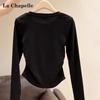 La Chapelle Women's Pleated Slim Fit Round Neck Long Sleeve Base Layer Top