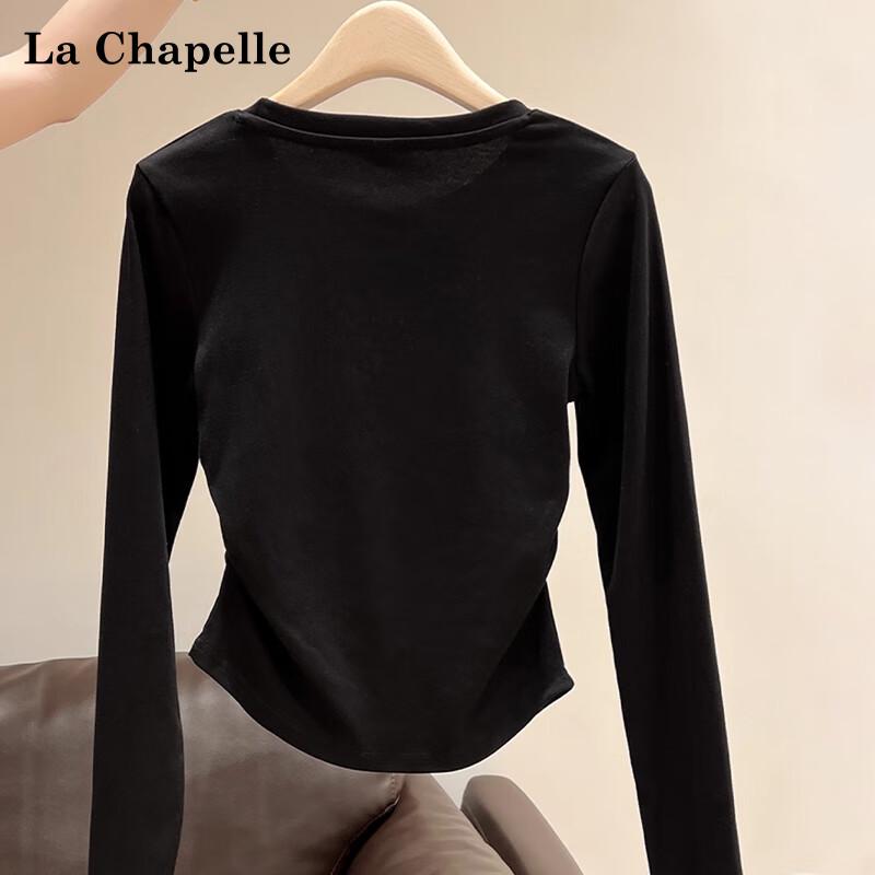 La Chapelle Women's Pleated Slim Fit Round Neck Long Sleeve Base Layer Top