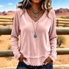 Women's Long Sleeve Lace Trim Blouse Loose Fit Color Casual Tunic Top