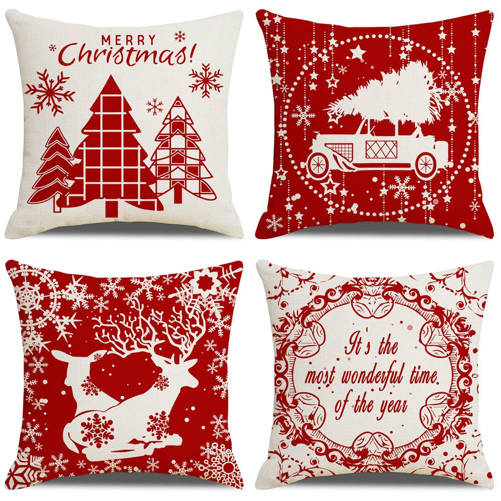 Christmas Pillow Case Linen Print Red Festive Home Cushion Living Room Cushion