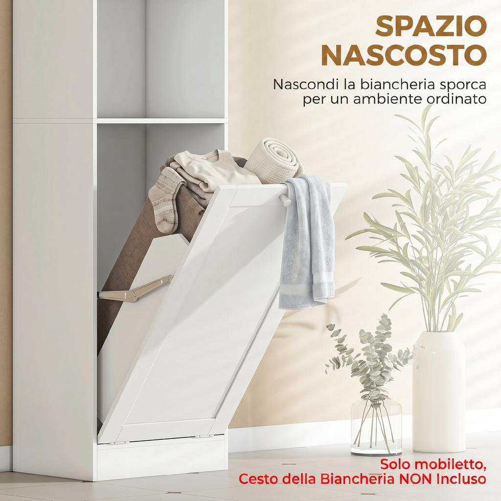 Tall Bathroom Cabinet with Flip Basket and Shelves, 40x30x170 cm, White