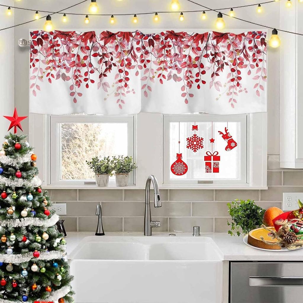 Sage Red Eucalyptus Leaves Valance Curtains for Windows, Watercolor Window Valance Curtains for Bathroom Privacy Protection Rod Pocket Botanical