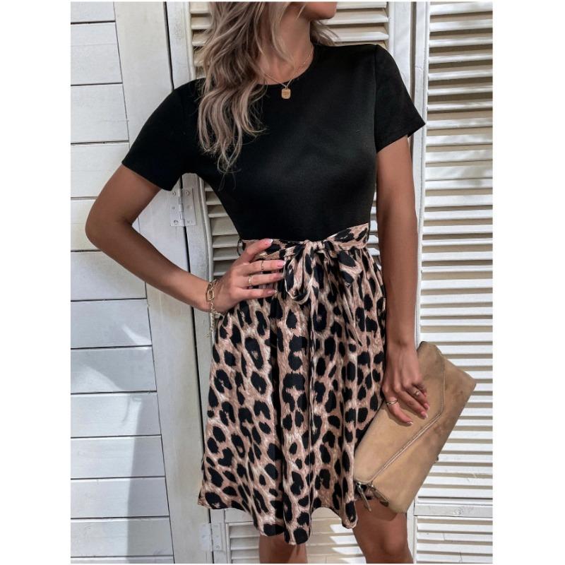 New Fashion Leopard Print Splicing Short Sleeved Dress Elegant O Neck Slim Fit A-line Party Short Dresses Lace-up Elegant Loose Streetwear Clothing