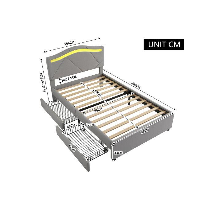 Lit - MUVOE - 90x200cm - Rembourré - Éclairage LED - 2 tiroirs de rangement