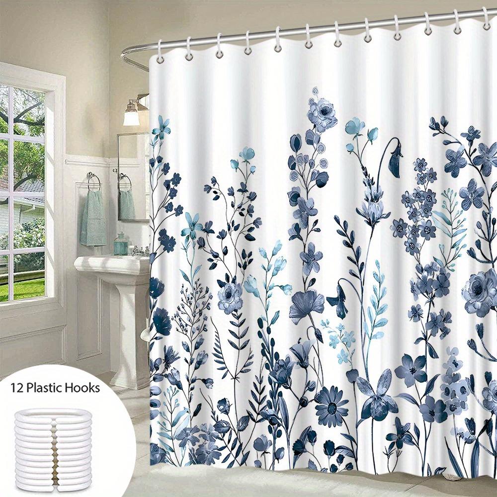 Elegant Blue Watercolor Floral Shower Curtain - Delicate Blooms & Foliage, Polyester, Calm Natural Beauty, Botanical Theme