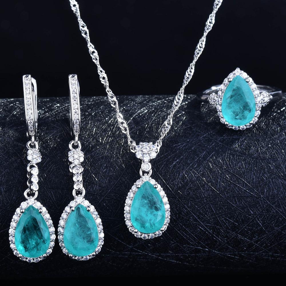 Women Jewelry Set Simulated Paraiba Teardrop Ring Pendant Necklace Earrings