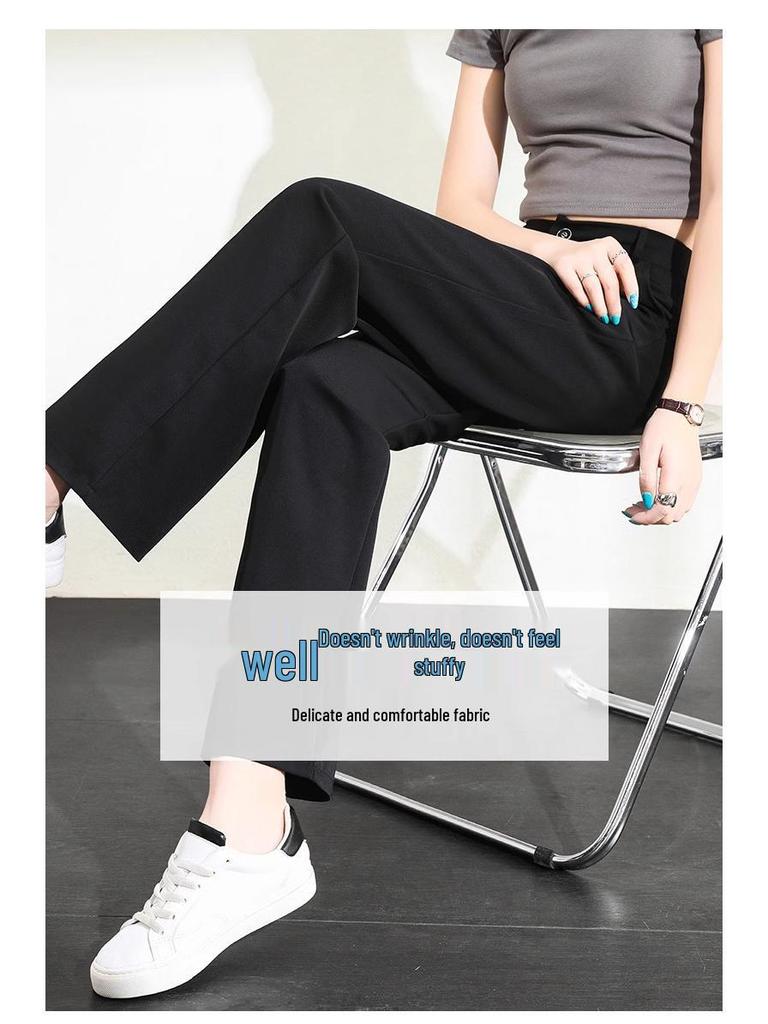 Ice Silk Black Wide-Leg High-Waist Women's Spring/Summer Pants - Slim, Loose, Casual Straight Trousers.