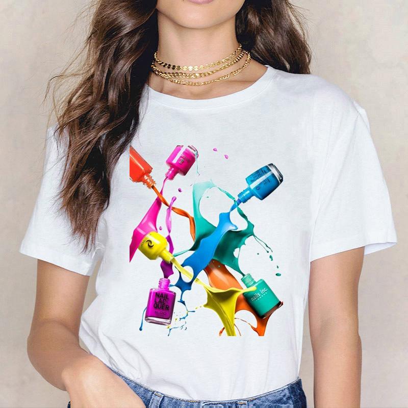 Kpop Fashion Cosmetics 3D Nail Polish Print Tees Women Y2K Tops Summer White Loose Short Sleeve O-Neck Female T-Shirts Blouses