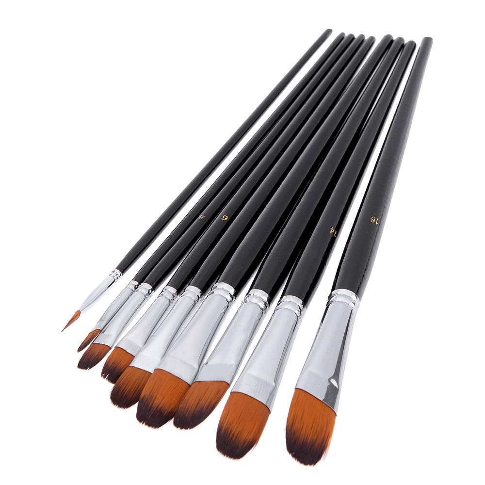 9pcs Nylon Hair Paint Brush Set Filbert Head Wooden Handle Artists Gouache Watercolor Acrylic Brushes Art Supplies
