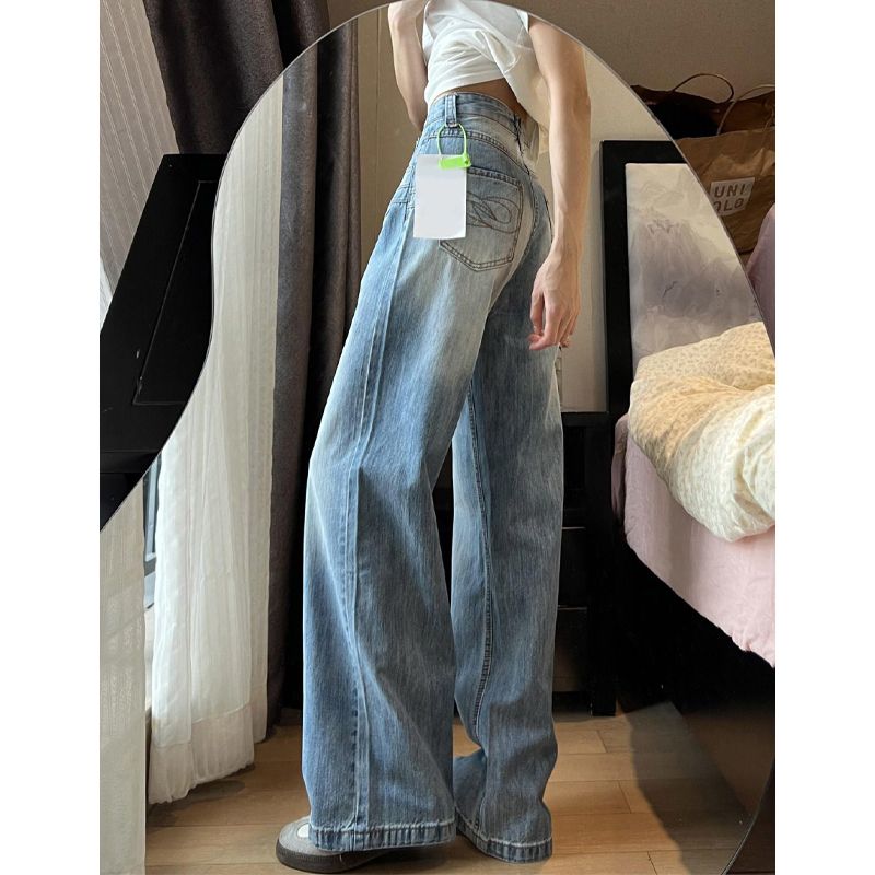 Small High Street Sexy Wind Mop Denim Female Vibe Stylish White Wide-Leg Pants Easiest for Match Straight-Leg Trousers