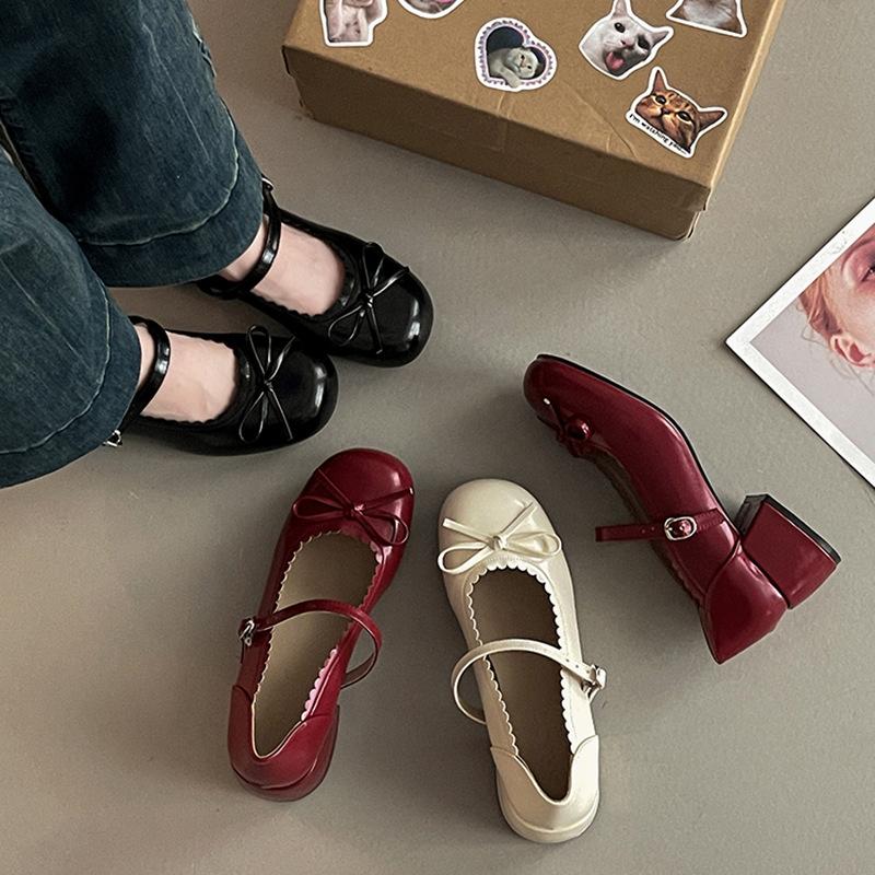 French bow thick heel Mary Jane single shoes summer one-button small leather shoes ballet women thick heel high heels