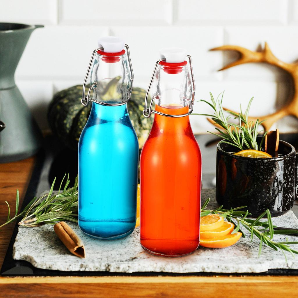 6Pcs Glass Bottle with Anti Leak Buckle Lid Set Sealed Swing Top Containers for Water Beer Juice Portable Household Storage