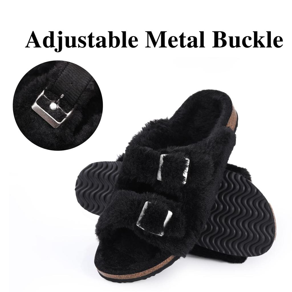 Fashion Shevalues New Fur Fluffy Slippers Women Winter Home Fuzzy Slippers Open Toe Cork Slides Female Indoor Double buckle Flat Sandals
