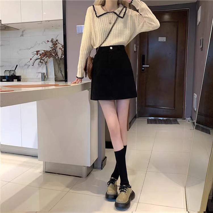 Women's Plus Size High Waist Coffee Corduroy A-Line Skirt - Slimming Anti-Exposure Short Skirt for Fall/Winter