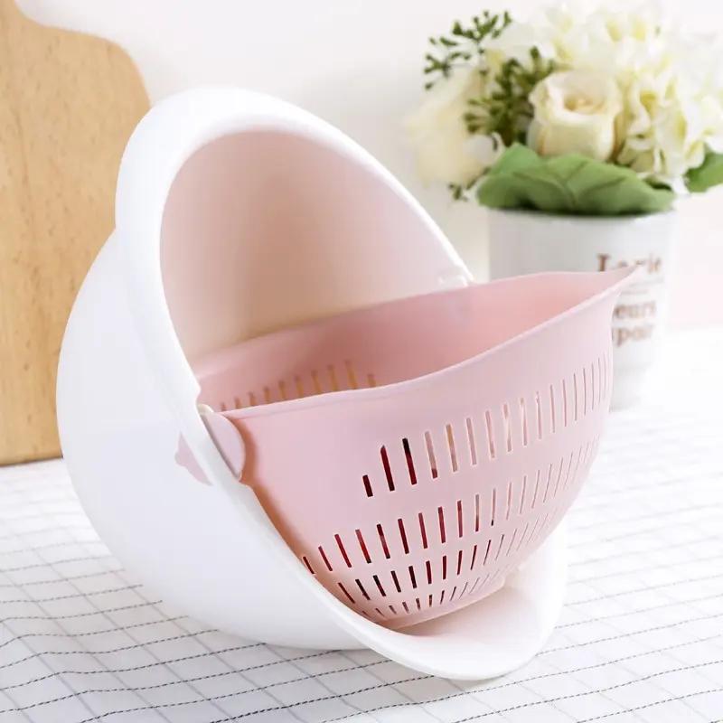 Double Layer Fruit Vegetable Tray Removable Draining Basket Rotating Design Kitchen Storage Organizer Household Non-Slip Washing