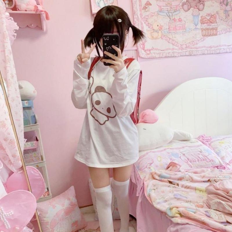 2KWEIRD Shirts for Women Japanese Tshirts Preppy Style Fashion White Tees O-neck Long Sleeve Cartoon T Shirt Casual Korean Y2k Tops