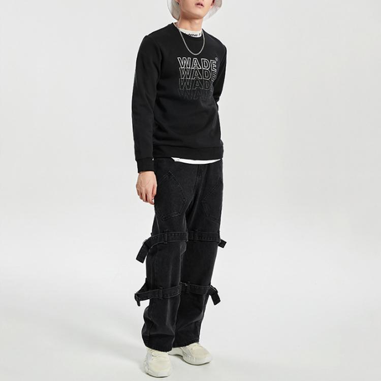 Lining Long Sleeve Crew Neck Sweatshirt Men Tops Black AWDQ703-1