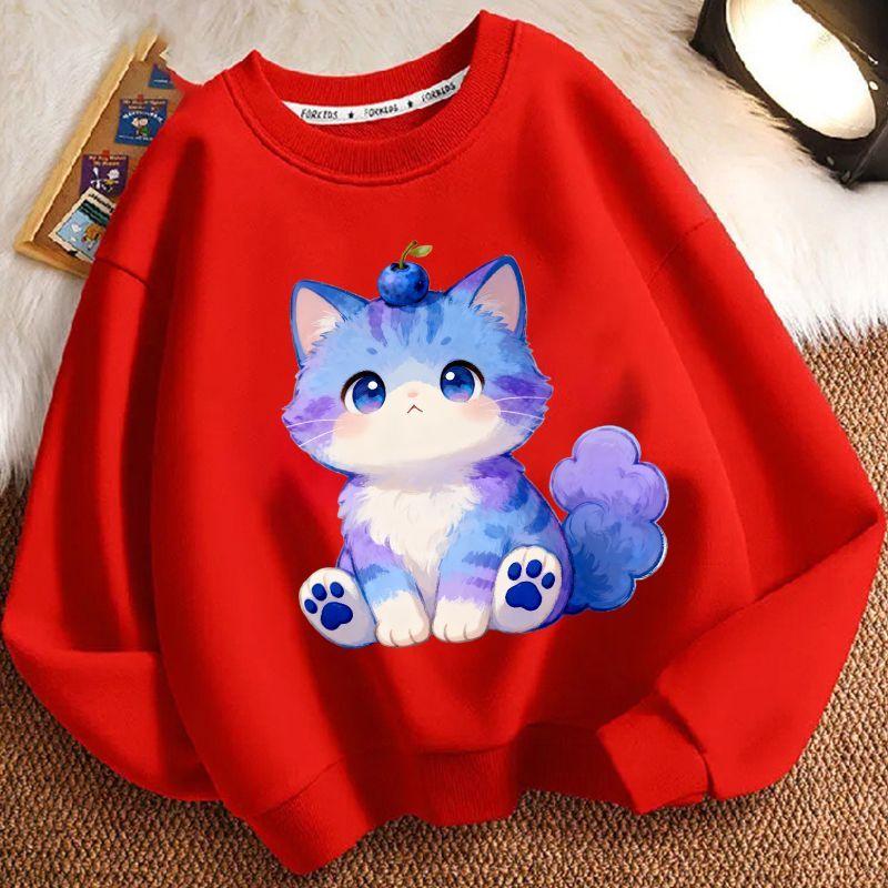 Children's Fashionable Cartoon Kitten Hoodie for Autumn and Winter, Casual Long-sleeved Round-neck Top for Boys and Girls