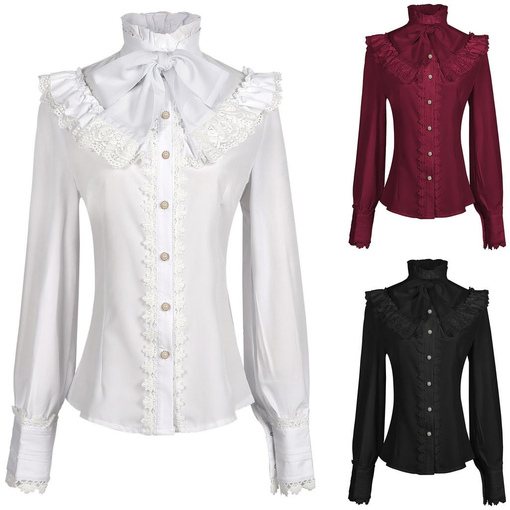 Camicia Gotica Vittoriana da Donna in Tessuto di Lino con Design Arricciato per Cosplay e Spettacoli Teatrali