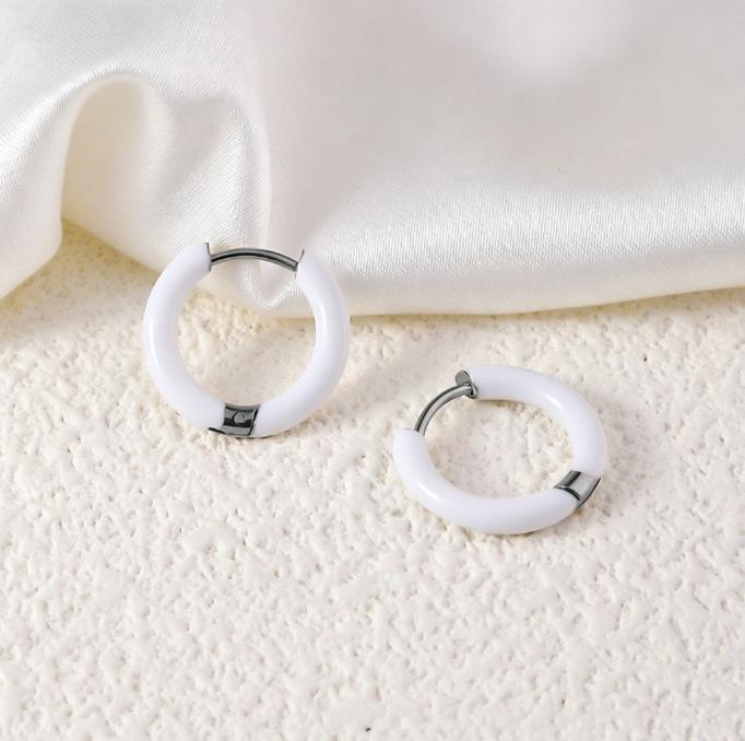 Multi-Color Enamel Stainless Steel Hoop Earrings - Simple Round C-Shaped Clips in Light Luxury Design
