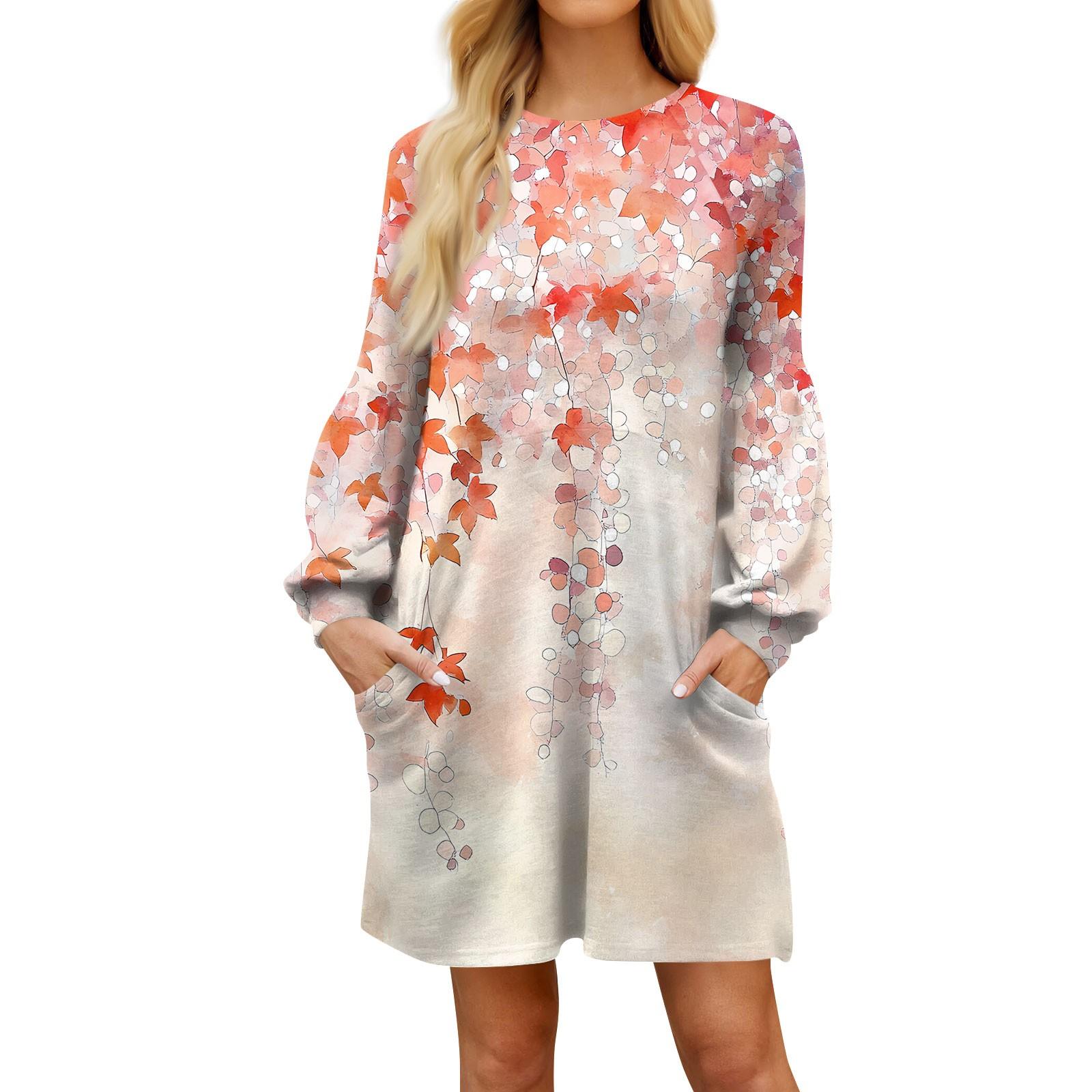 

Модное женское платье трапециевидной формы с длинным рукавом. Осенний повседневный пуловер с круглым вырезом. Свободное платье с карманами. M красный