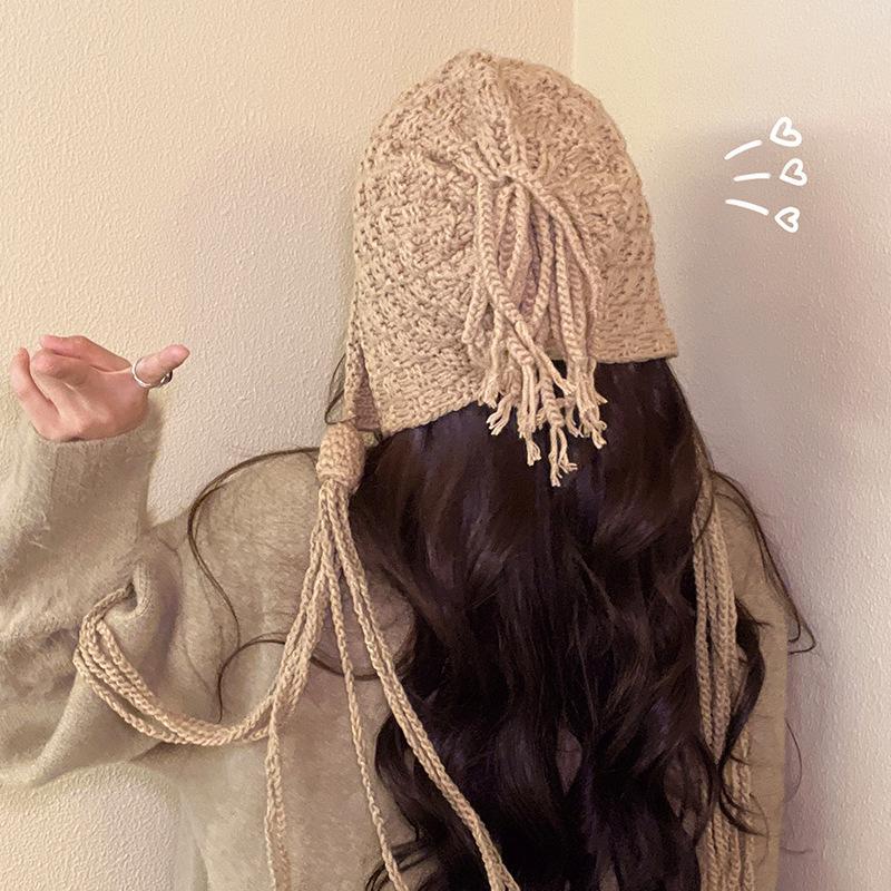 Autumn and Winter Tassel Wool Hat Cute Bag Head Ear Protection Hat Women Korean Version Versatile Knitted Hat Sweet Handmade Warm Hat