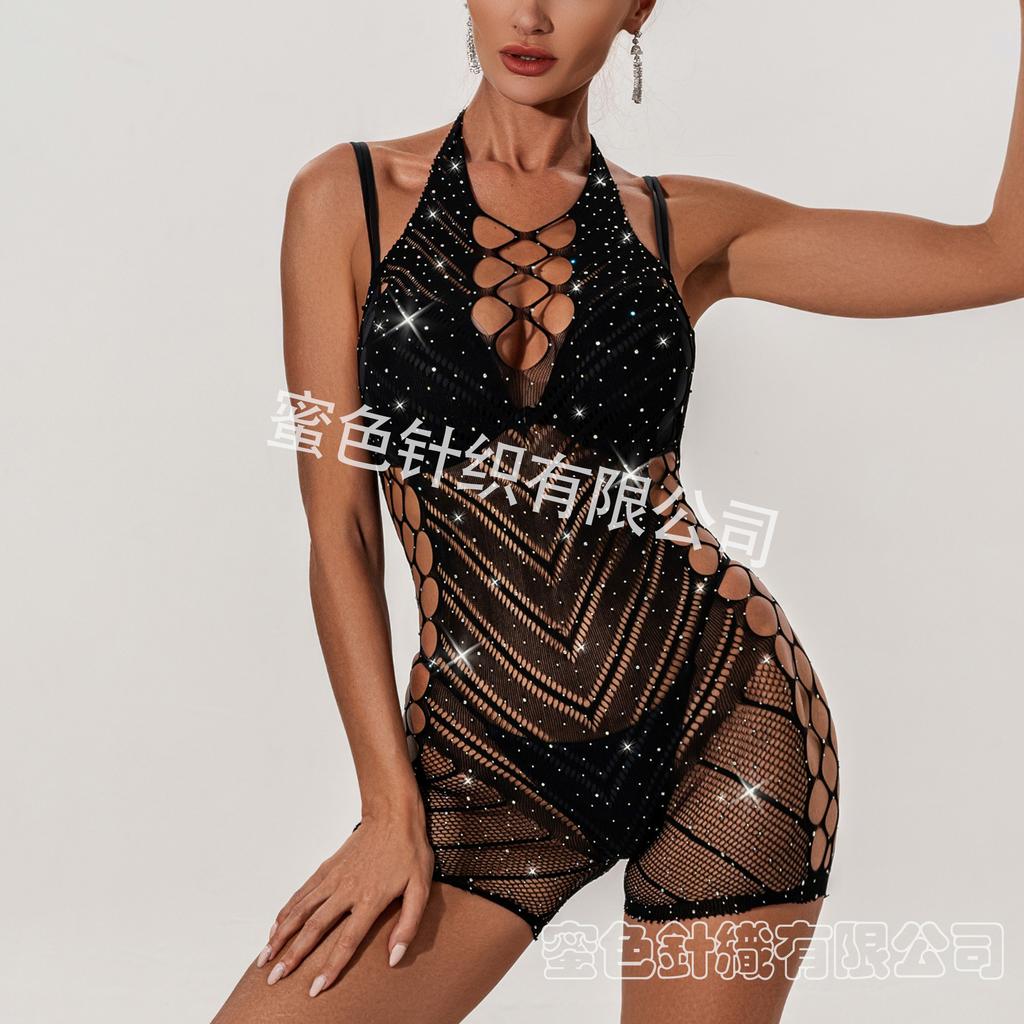 European and American sexy net tops, neck-hanging romantic underwear, alluring backless rhinestone jumpsuits