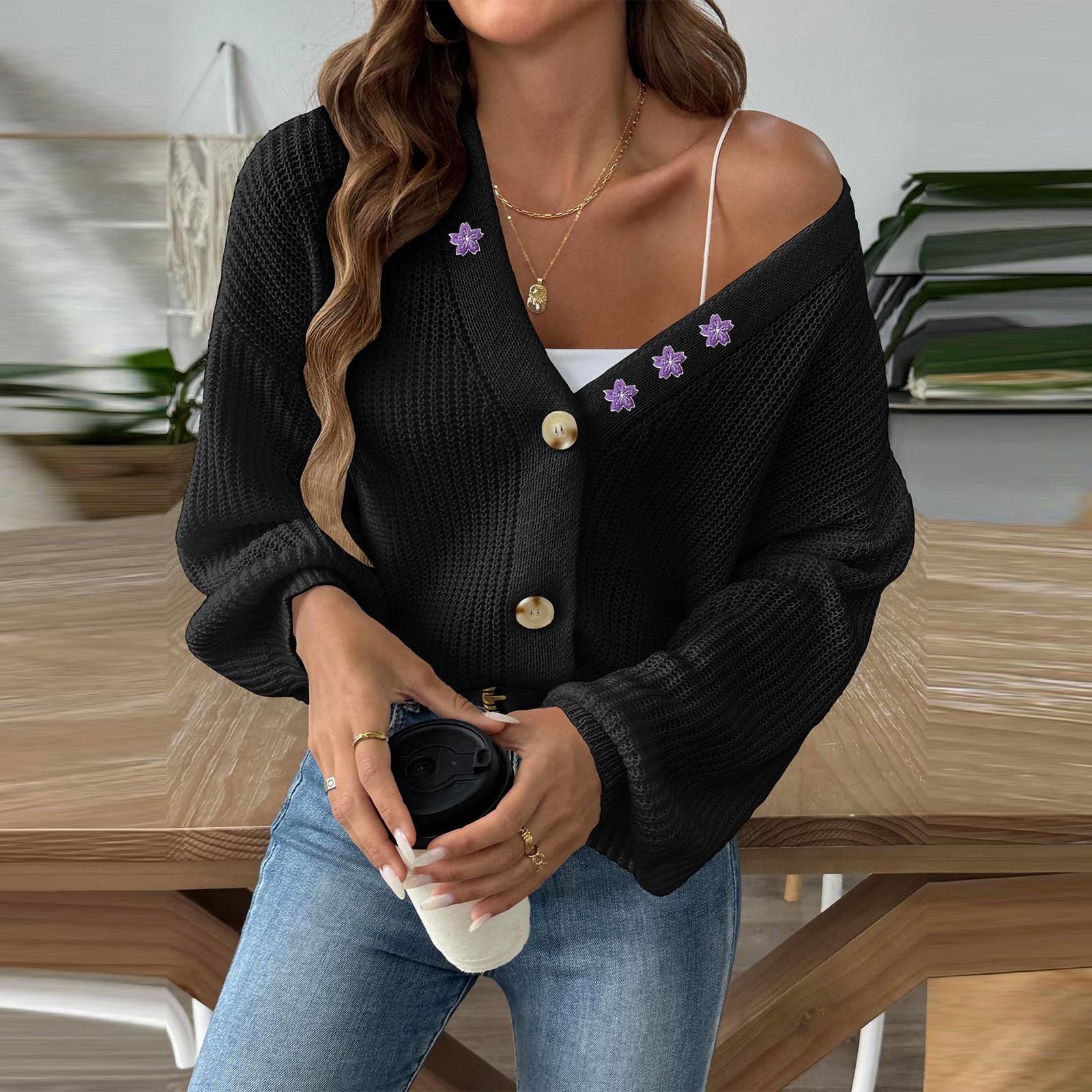 

Женская осенне-зимняя цветочная вышивка с аппликацией, короткая куртка на пуговицах, свитер, кардиган L чёрный