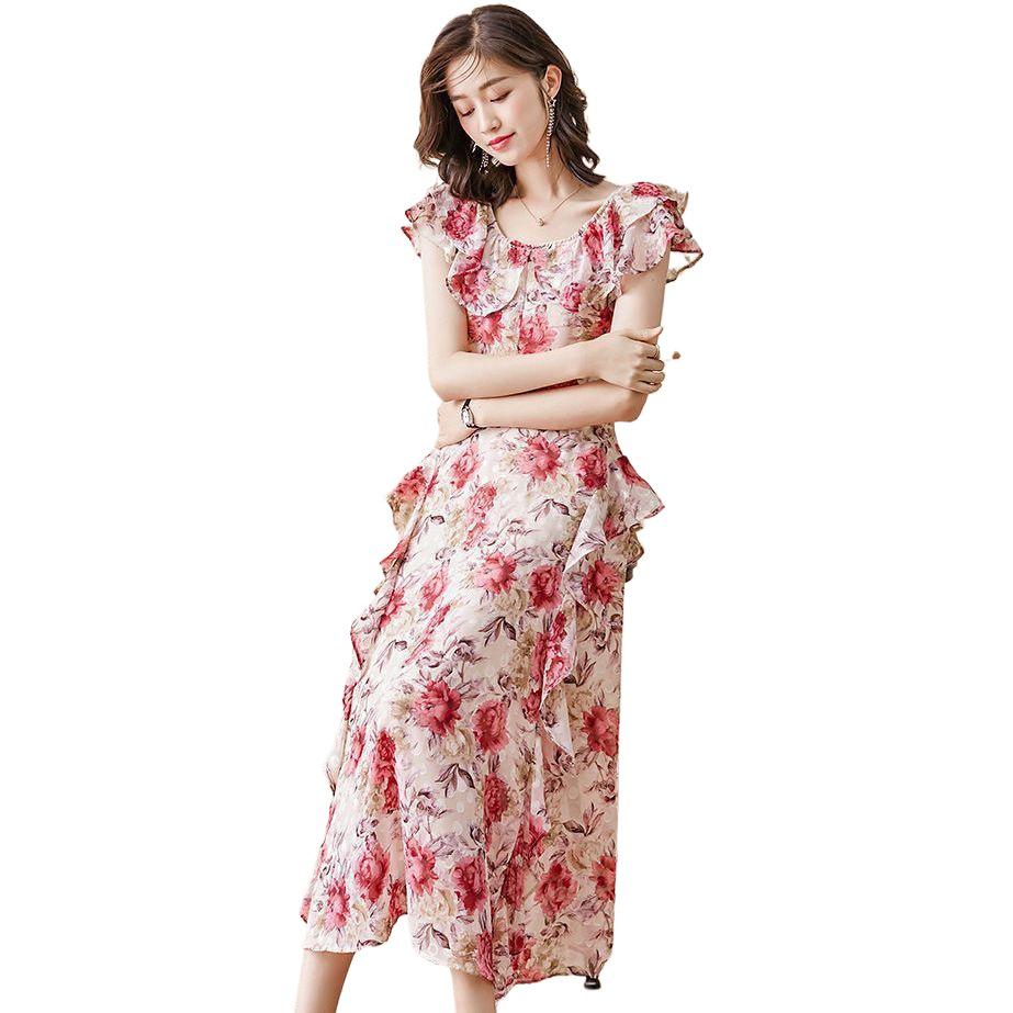 Women's Summer 2026 Chiffon Floral Print Dress with Waist-Cinched Design - French Style Mid-Length Fairy Dress