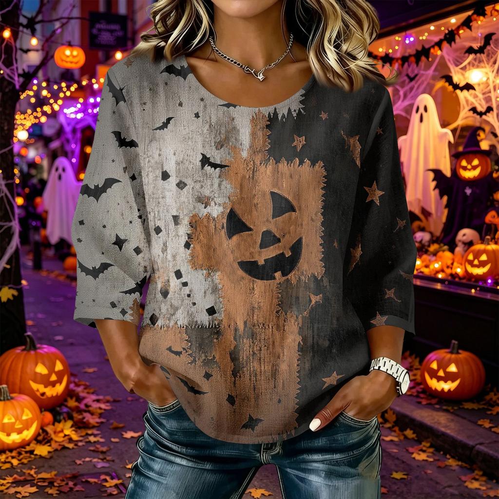 Women's Casual Halloween Print Round Neck Three Quarter Sleeve Linen Cotton Blend Top with Relaxed Fit and Comfortable Fabric Suitable for Daily Wear