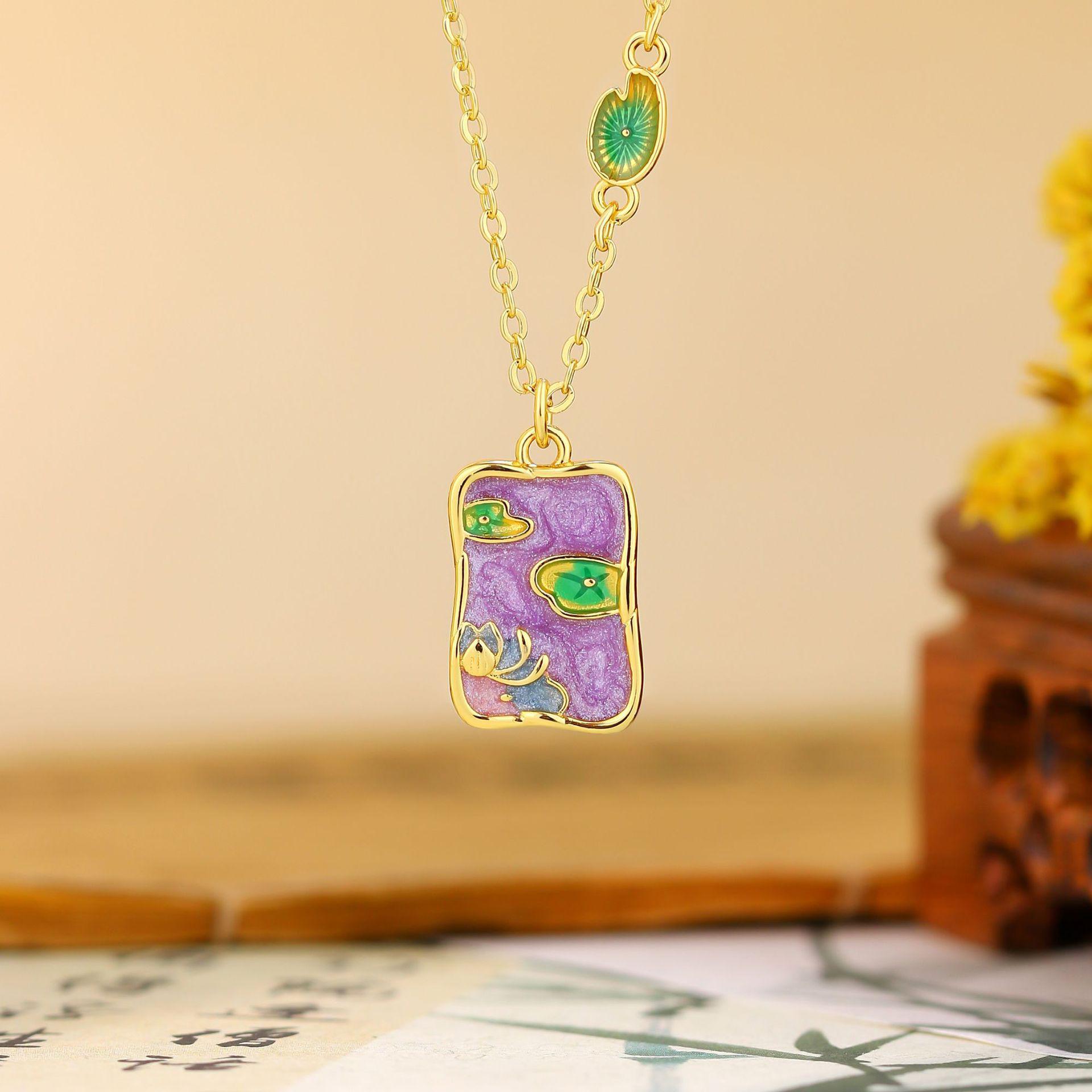 Chinese Enamel Monet-Inspired Lotus Pond Necklace: Moonlit Night Clavicle Chain for Women Gold Plated