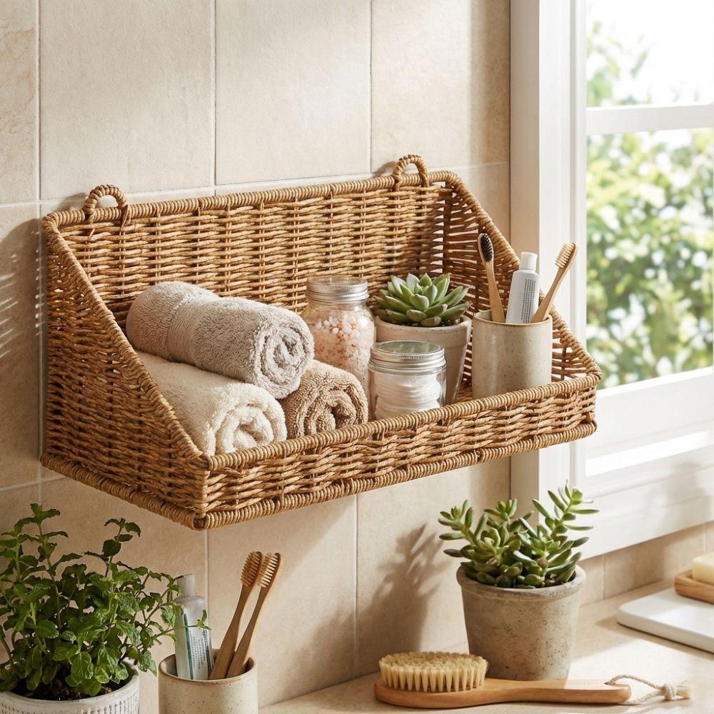 Imitation Rattan Wall Storage Baskets Wall-Mounted Large Capacity Woven Hanging Basket No Drill Single-Layer Grocery Basket