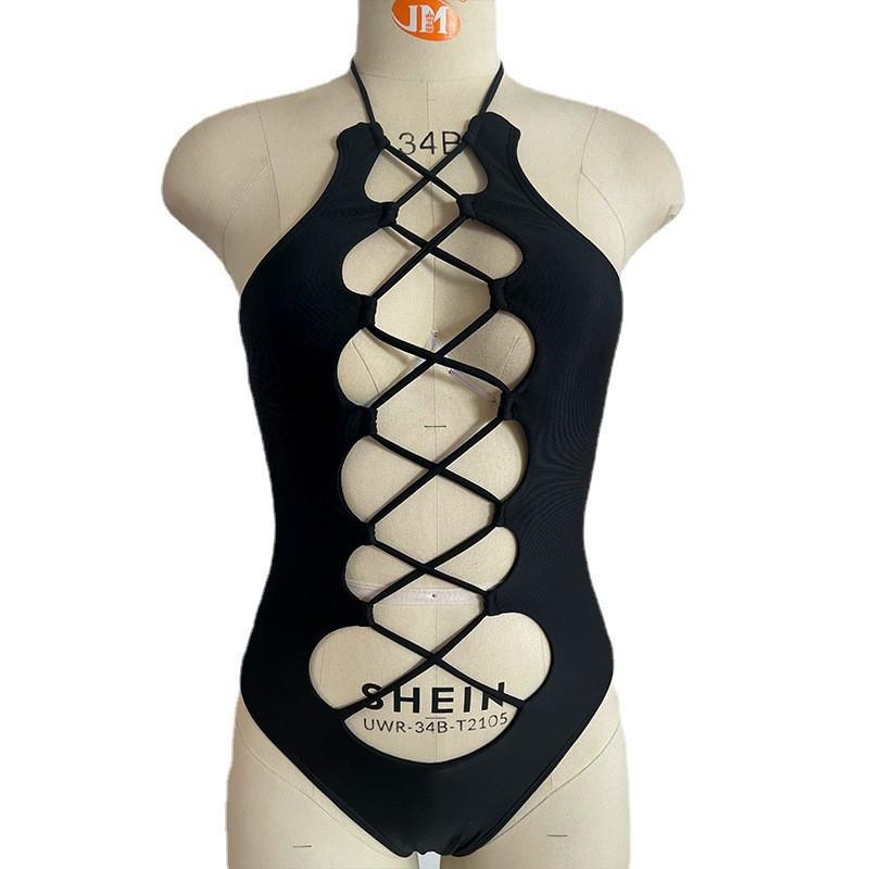 2023 Black Strappy Cutout Sexy One-Piece Swimsuit - Women's Anti-Exposure Swimwear