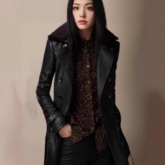 

British Style Women s Mid-Length Leather Jacket with Thick Fur Collar L чорний