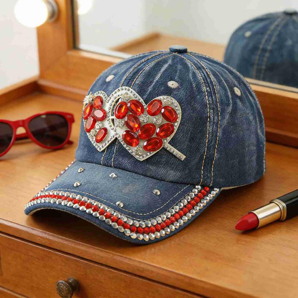 (M, Blue) Denim Baseball Cap Rhinestone Heart Low Profile Hat Trendy Adjustable Sun Hats for Men Women