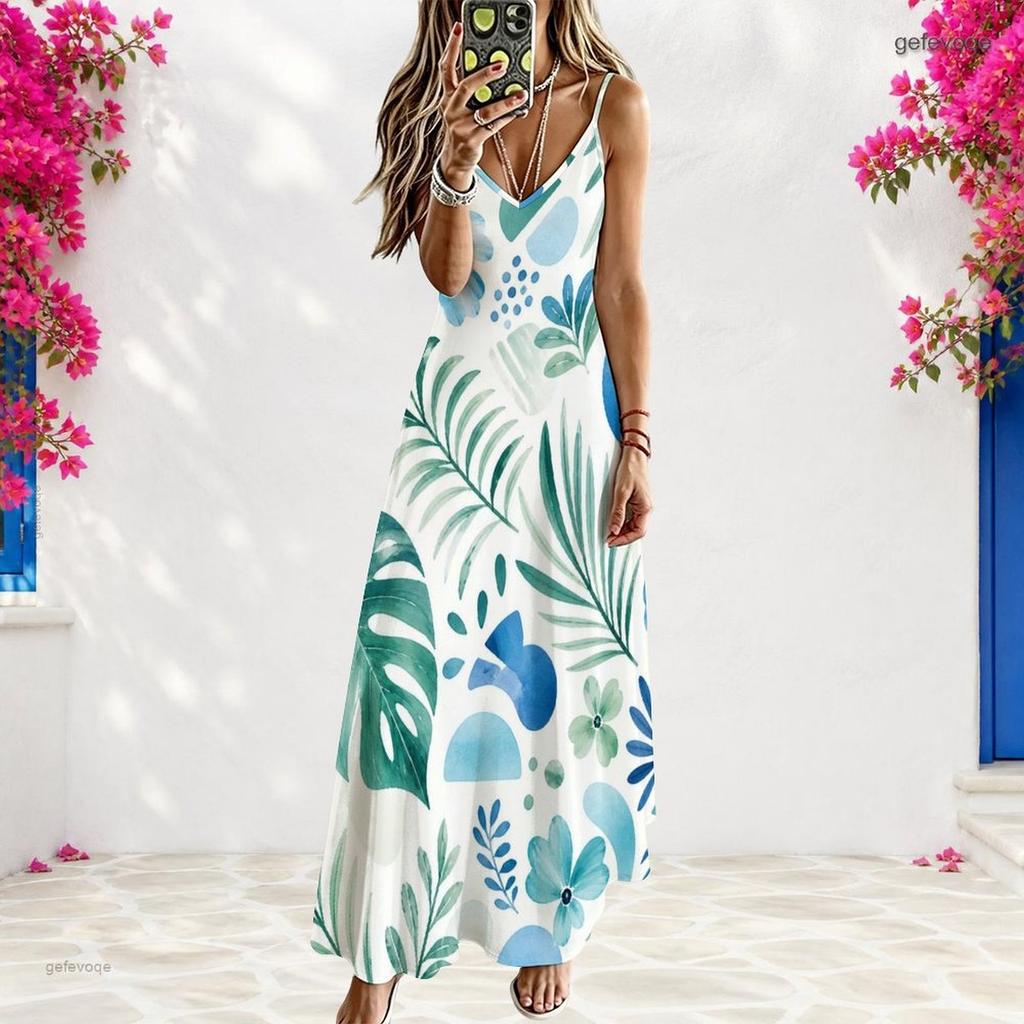 Women Plus Size V Neck Strappy Sleeveless Tropical Leaf Printed A Line Long Dress